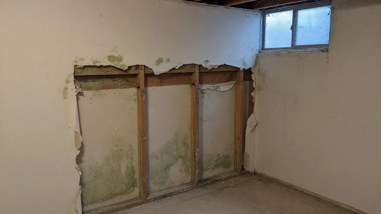 Drywall cut away to expose mould on the studs and joist of a Cincinnati basement wall during mould remediation