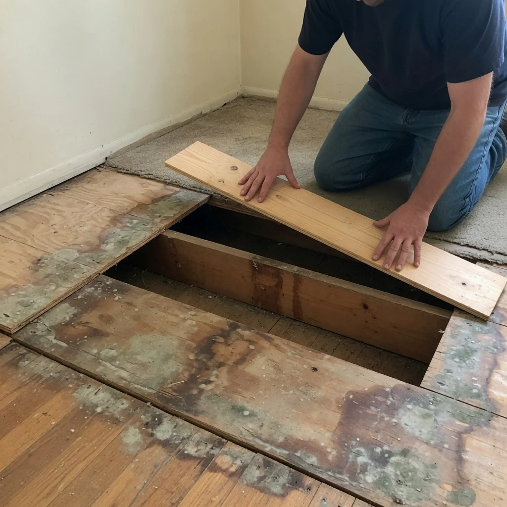 Floorboards lifted to expose mould on the damp subfloor and joists of a Cincinnati home