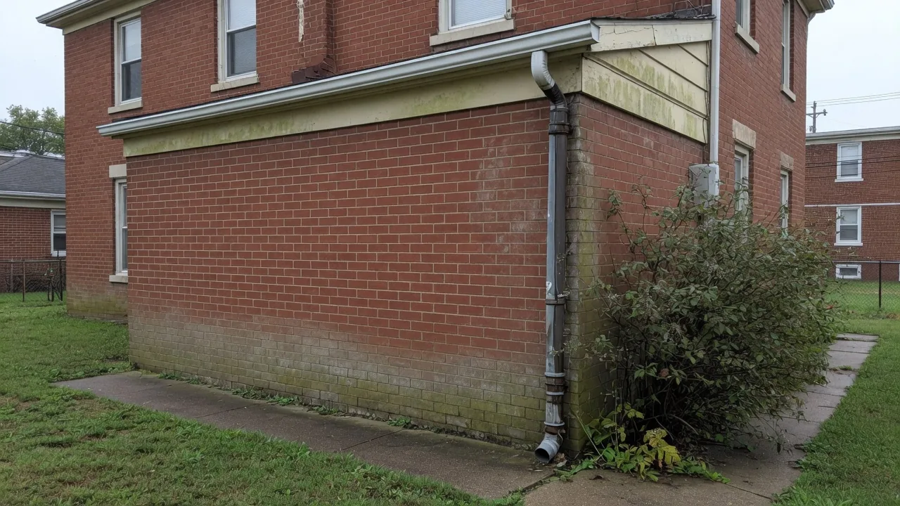 Green staining down the soffit and brickwork beside a downspout on a Cincinnati house exterior