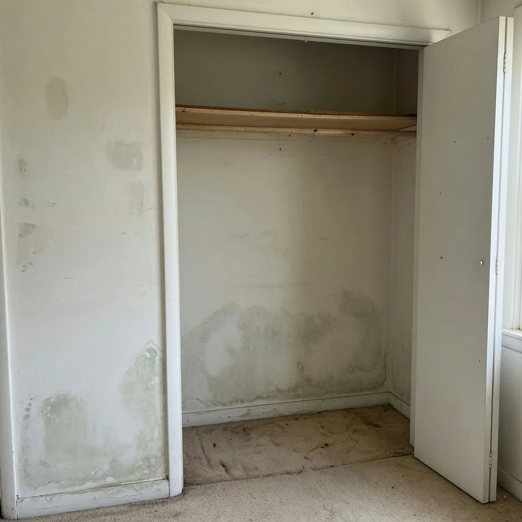 Mould on the back wall and skirting of an emptied storage closet in a Cincinnati home
