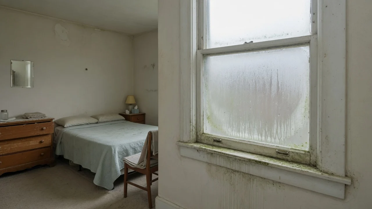 Condensation on a bedroom window with mould along the sill and reveal in a Cincinnati home