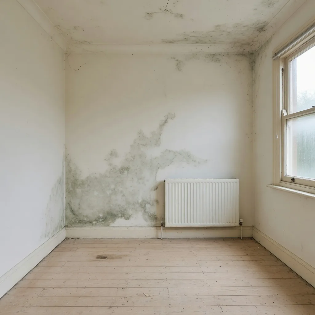 Grey-green mould spreading up the wall and across the ceiling of an empty Cincinnati room
