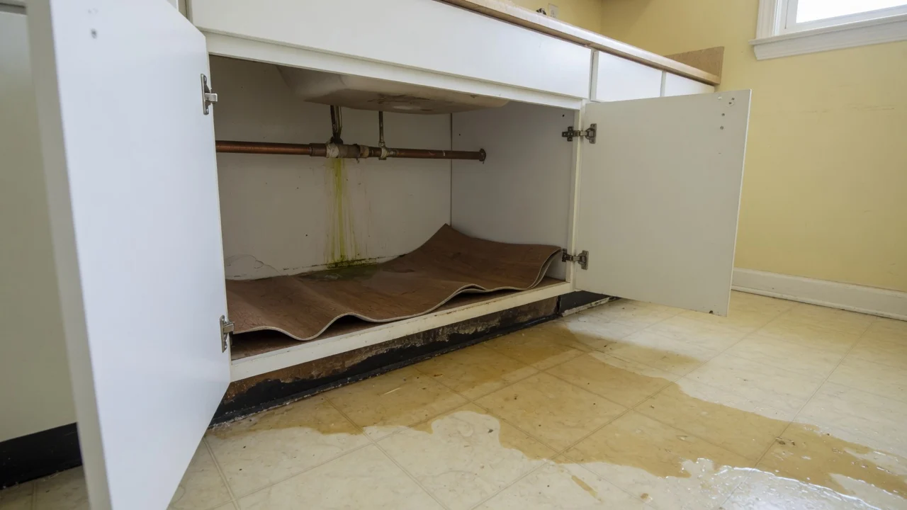 Split supply pipe under a Cincinnati kitchen sink with water pooled across the floor