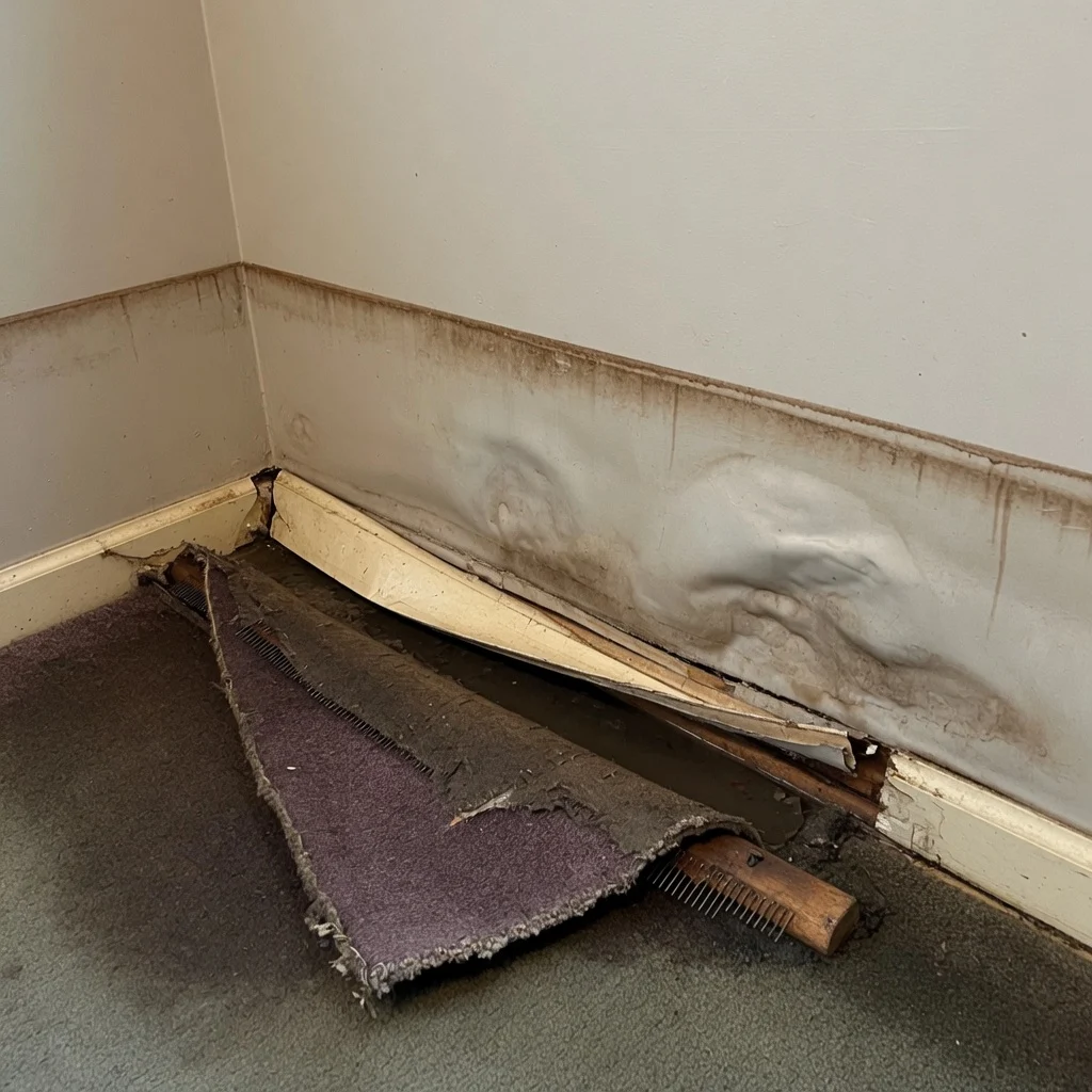 Flood tide line on the wall with swollen drywall and carpet pulled back in a Cincinnati basement