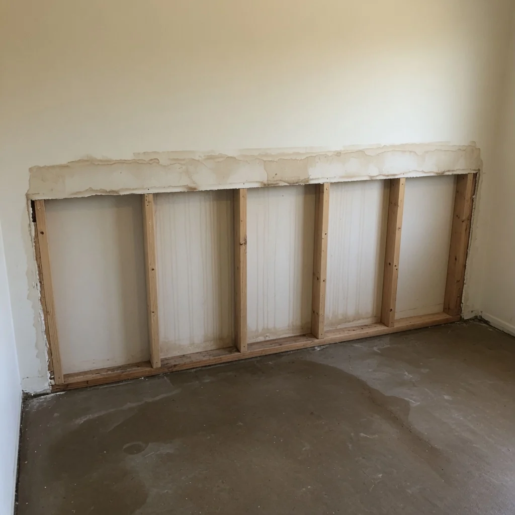 Flood cut opened along a water-damaged wall exposing damp studs and sill plate in a Cincinnati home