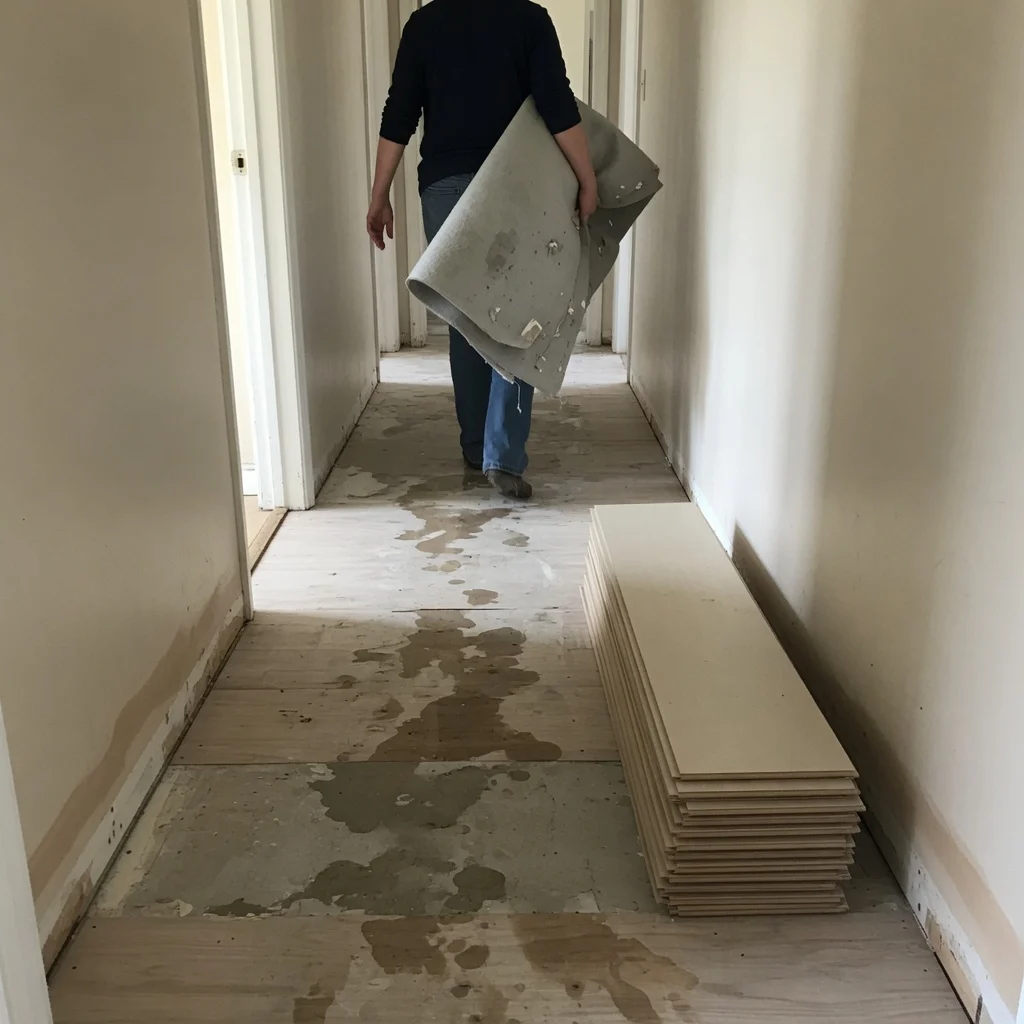 Soaked underlay carried out of a Cincinnati hallway with the laminate flooring lifted and stacked