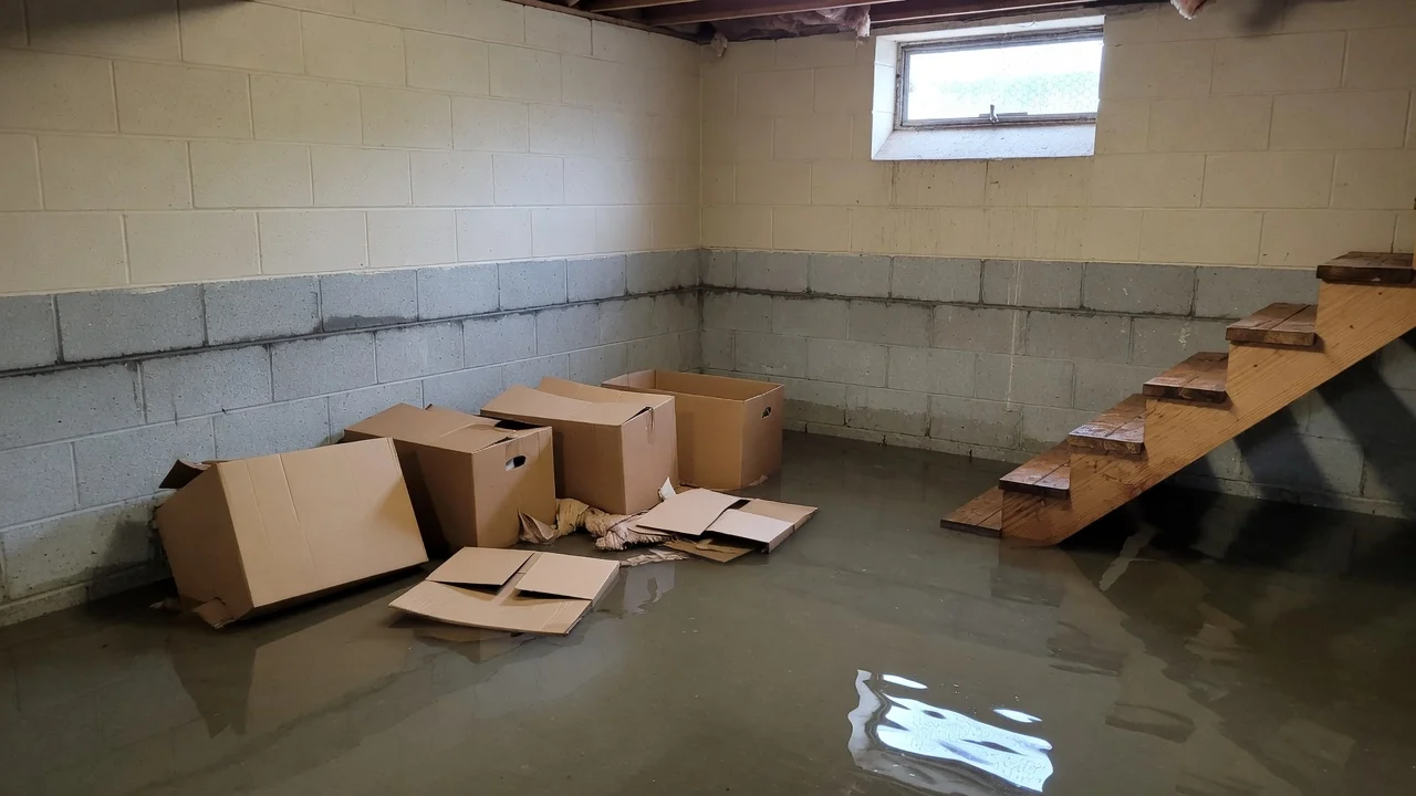 Standing flood water across the concrete floor of a Cincinnati basement with sodden storage boxes at the edge