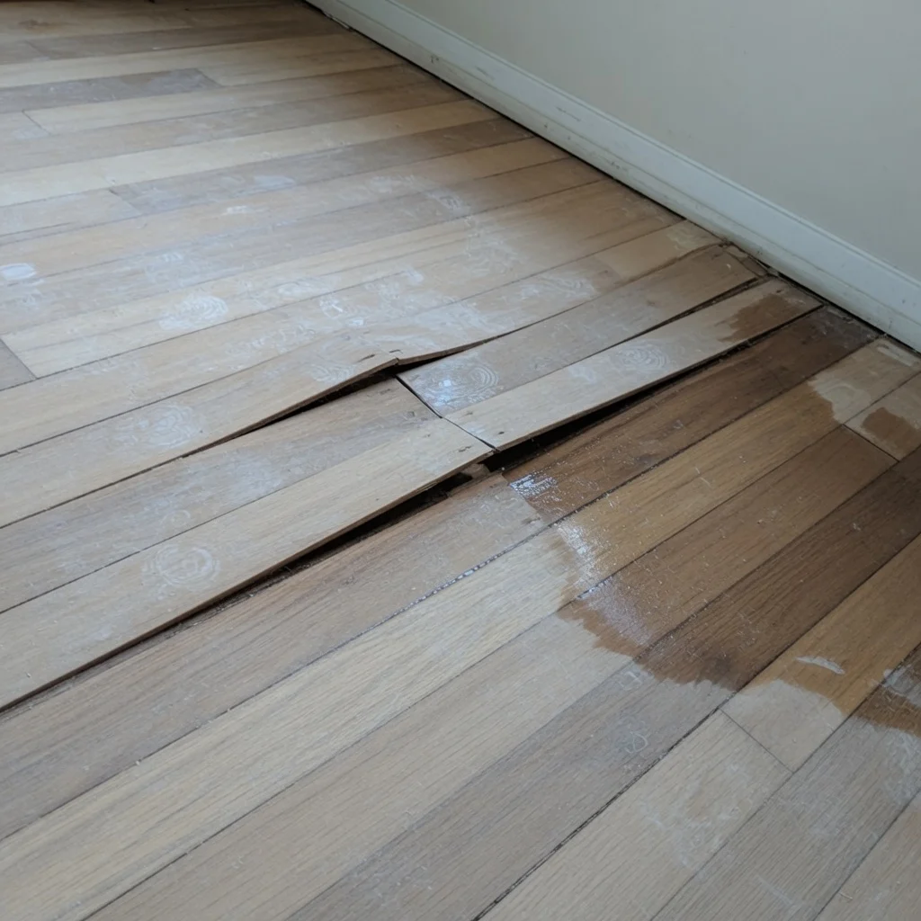 Hardwood floorboards cupped and buckled by water damage in a Cincinnati home