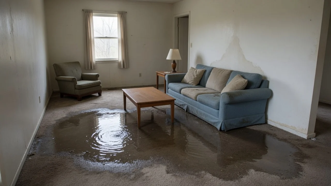 Water pooling across the soaked carpet of a Cincinnati living room after a burst pipe