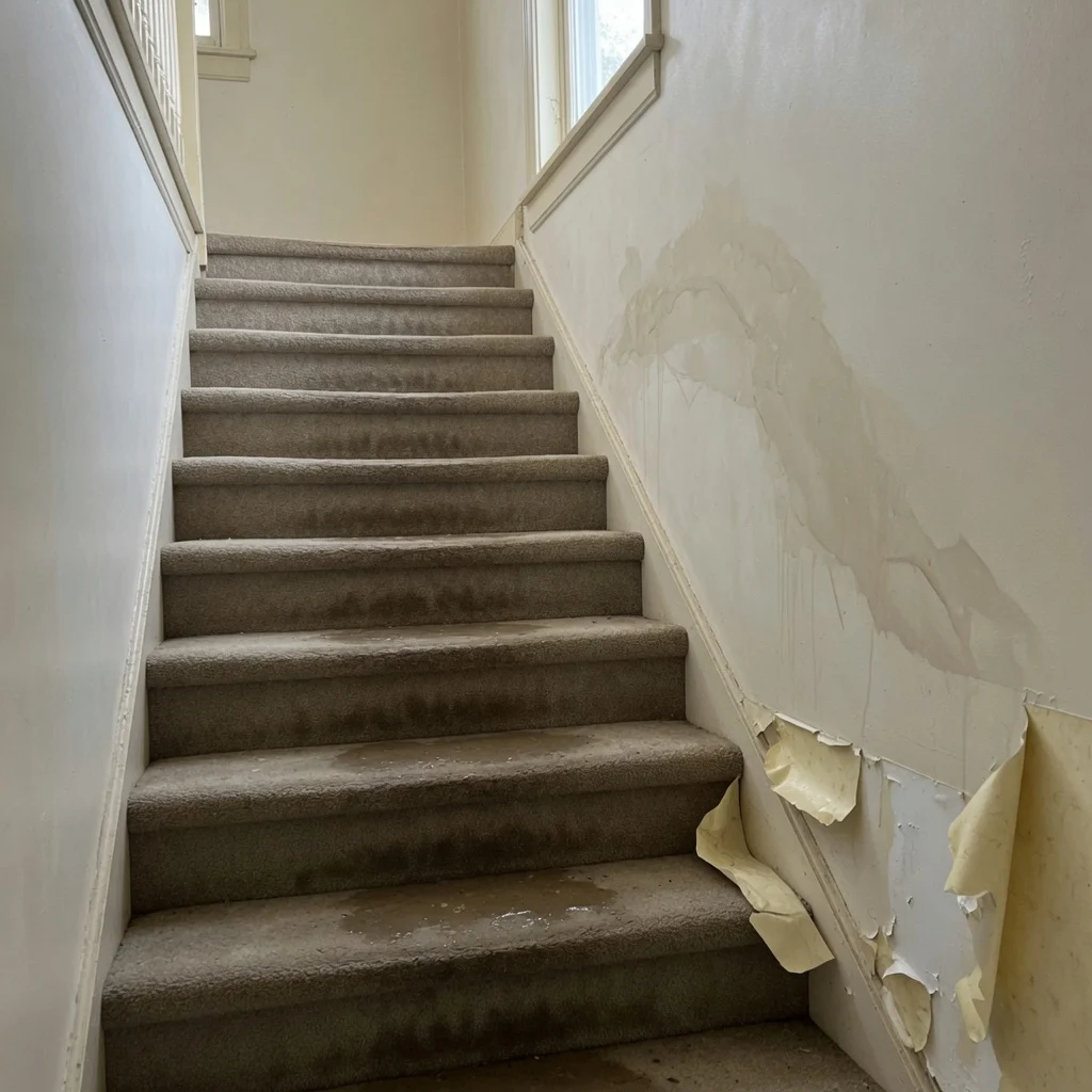 Water running down a Cincinnati stairwell with soaked stair carpet and lifted wallpaper