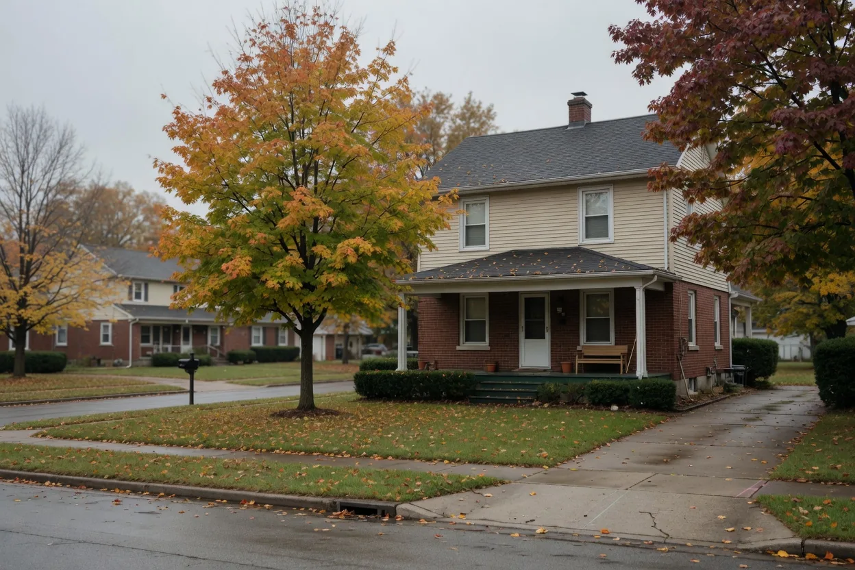 Suburban home on a quiet Cincinnati street in autumn